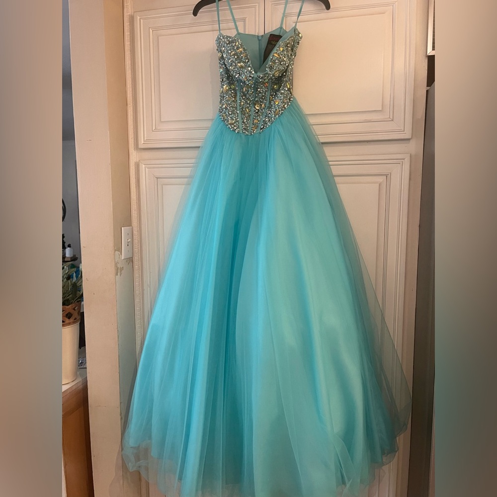 Terani Couture Aqua Tulle Ballgown with Beaded Corset